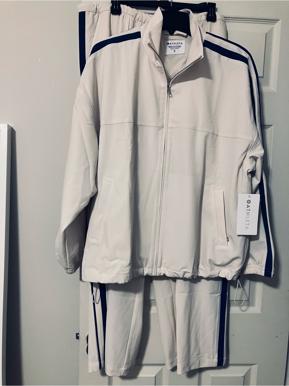 Athleta Cream Track Suit cream with navy stripes, brand new with tags, size XL